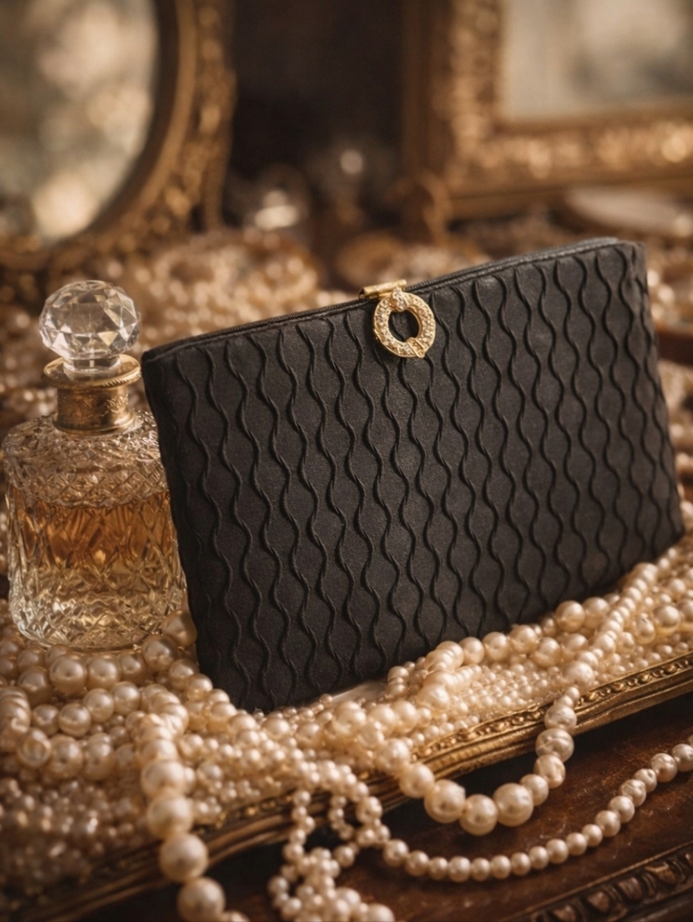 Vintage HL USA Black Textured Evening Clutch with Gold Crystal Clasp